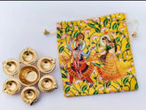 Set of 5 Urli Diya With Radha Krishan Print Potli Bags Combo Set, Wedding Return Gift, Housewarming Gift, Festival Gift, Anniversary Gift